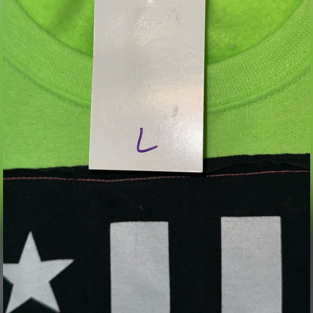NWT OOAK UPCYCLED FLAG GRAPHIC TEE & NEON GREEN SWEATSHIRT SZ L - Picture 2 of 3